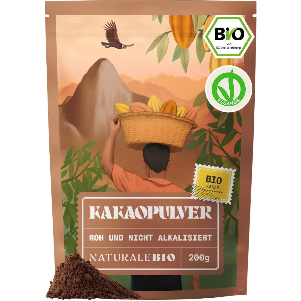 NaturaleBio Kakao Pulver Bio 200g. Organic Cacao Powder. Natürlich und rein aus rohen Kakaobohnen. Ungesüßt. Magnesium-…