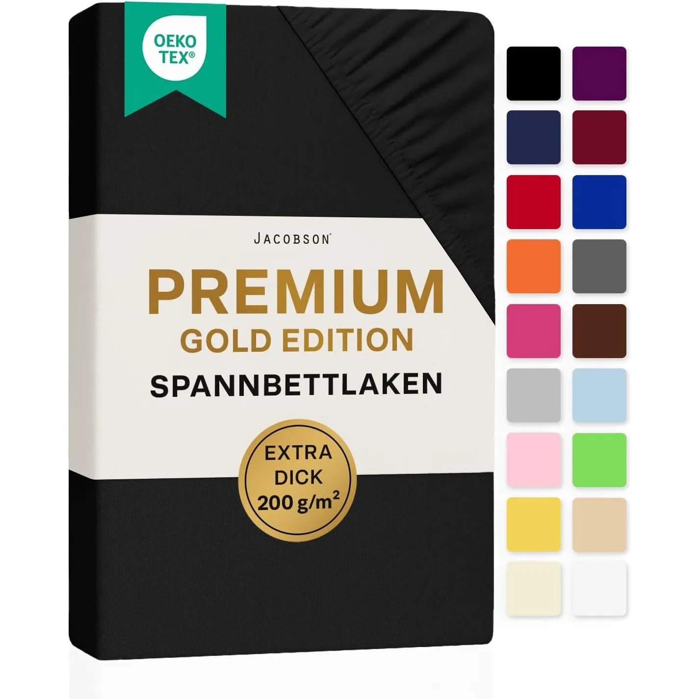 Jacobson Premium Spannbettlaken 200 g/m² Jersey Baumwolle mit Elasthan (180x200-200x200 cm, Schwarz)