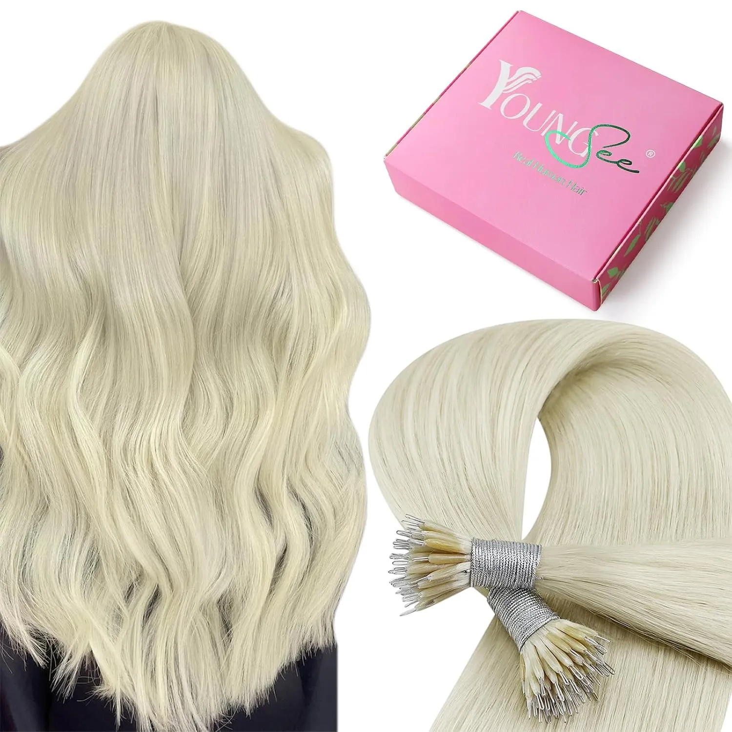 YoungSee Nanoring Extensions Echthaar Blond 50cm Nanoring Extensions Blond Nano Ring Hair Extensions Platinblond Nano E…