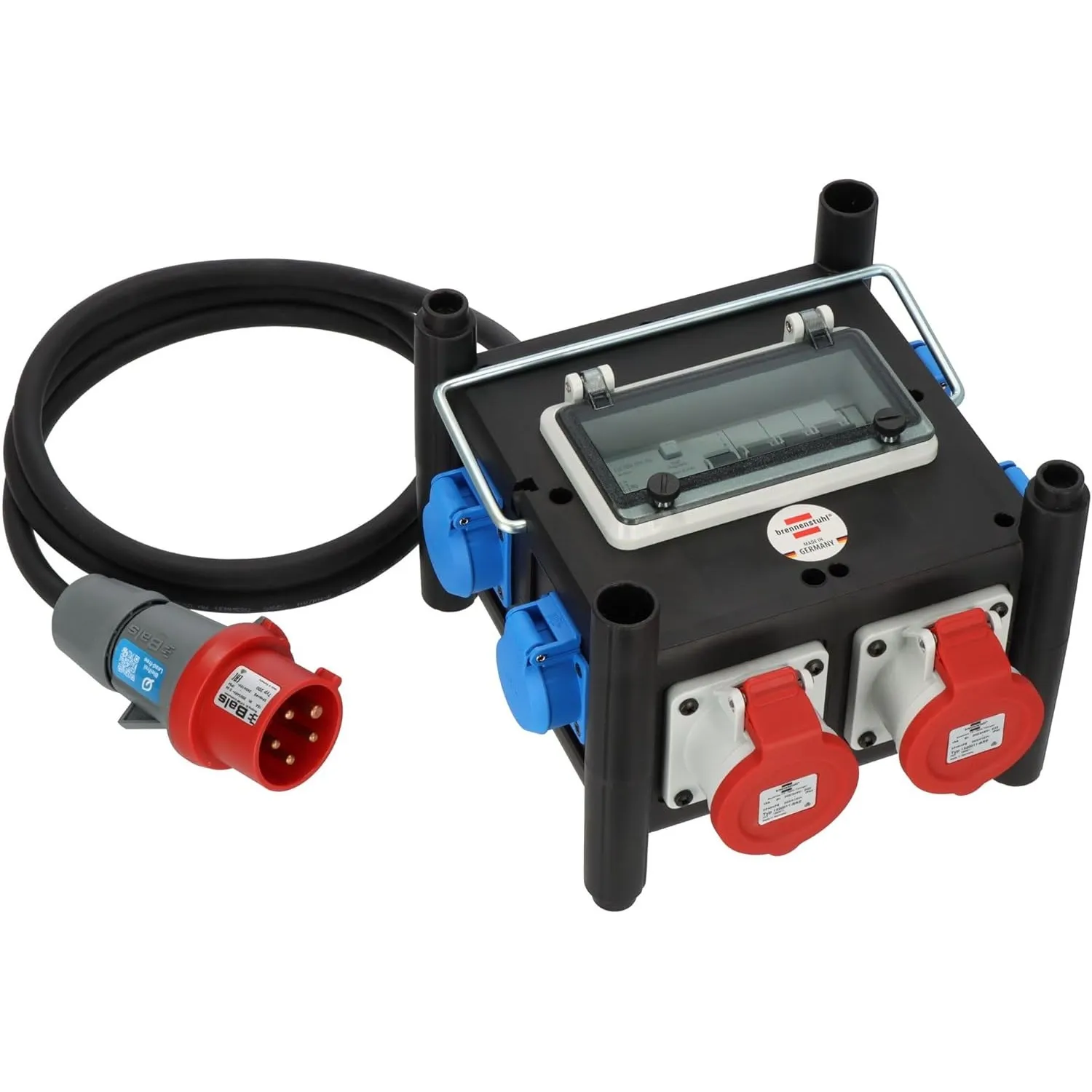 Brennenstuhl Kompakter Gummi-Stromverteiler mit zertifiziertem Sicherungsautomaten (2m Kabel, 2X CEE 400V/16A, 5X 230V/…