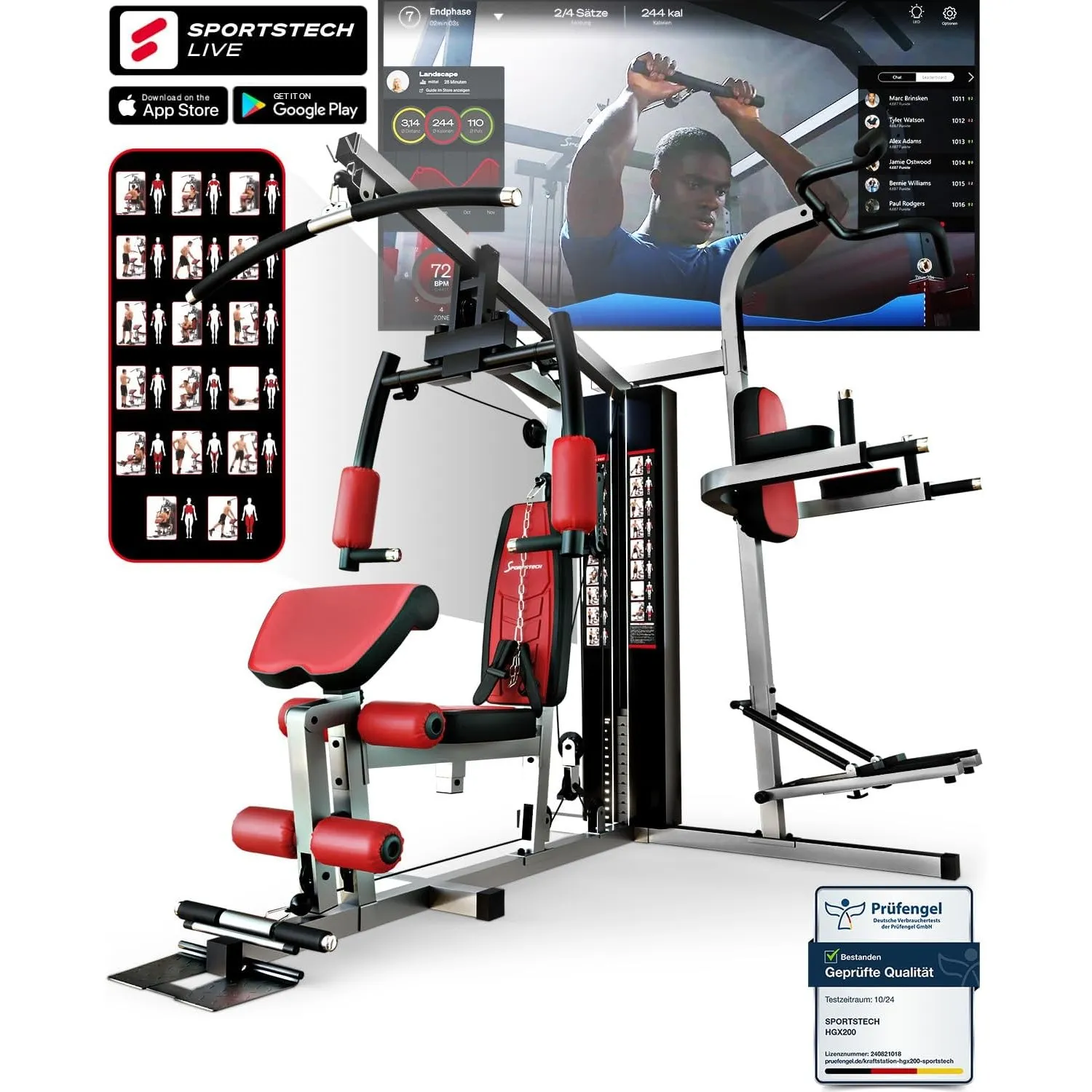 Sportstech, Kraftstation + bis 70kg mit Beinpresse & Stepper HGX150/HGX200