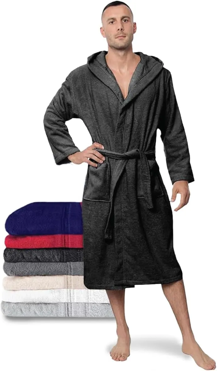Twinzen Bademantel Herren - 100% Baumwolle (350g/m²) Oeko-TEX® Zertifiziert - Bademantel mit Kapuze, 2 Taschen, Gürtel