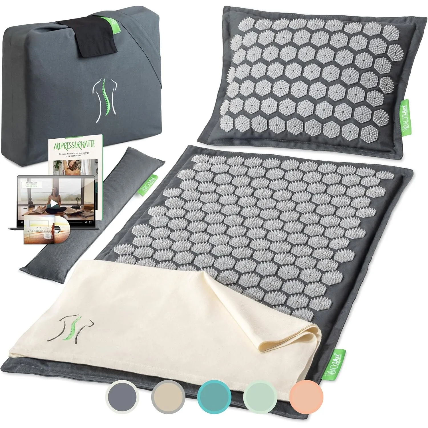 BACKLAXX® Akupressurmatte Set mit Kissen, Akkupressmatte für den Rücken