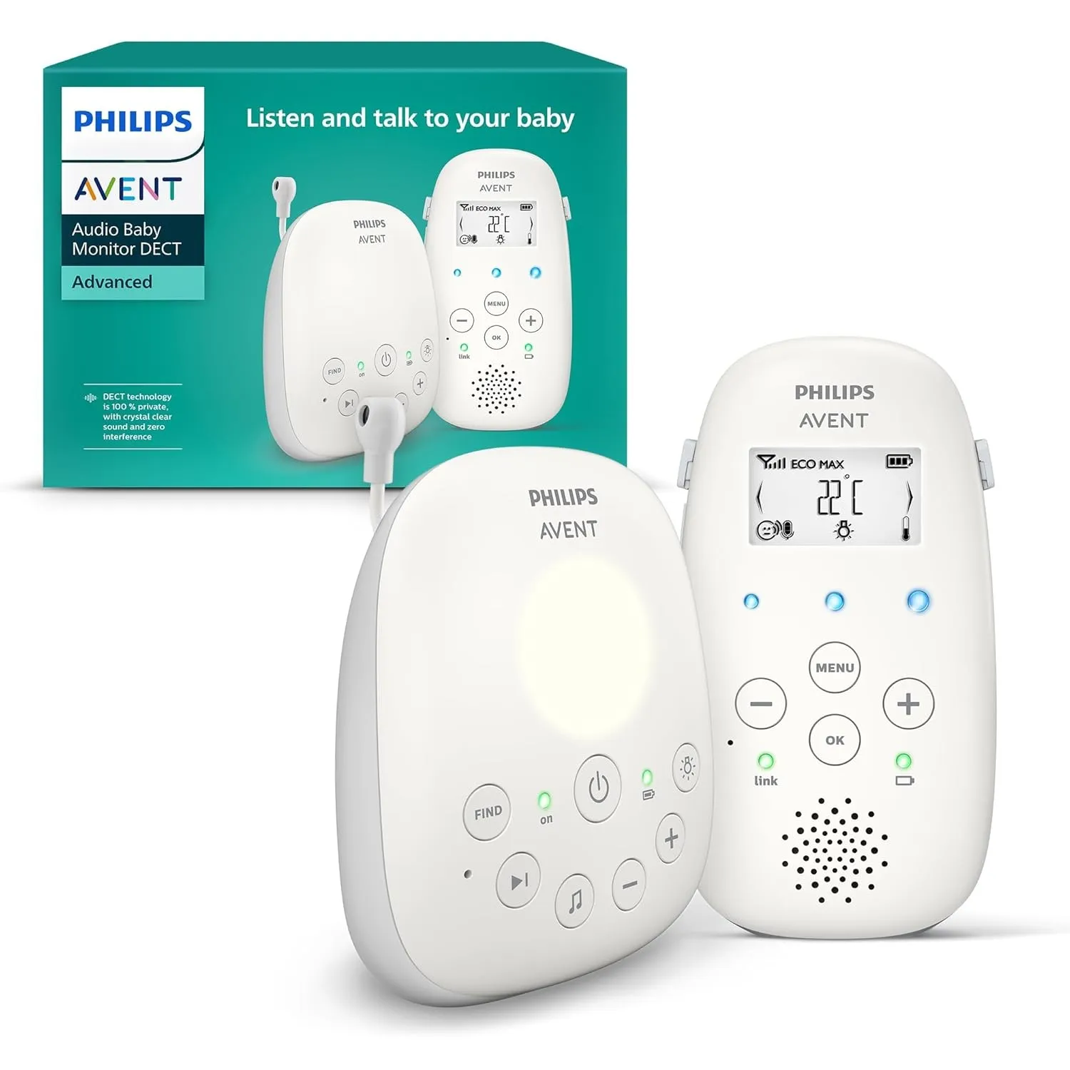 Philips AVENT Audio Babyphone DECT-Technologie, Eco-Mode, Gegensprechfunktion, Schlaf- und Nachtlieder, Temperatursenso…