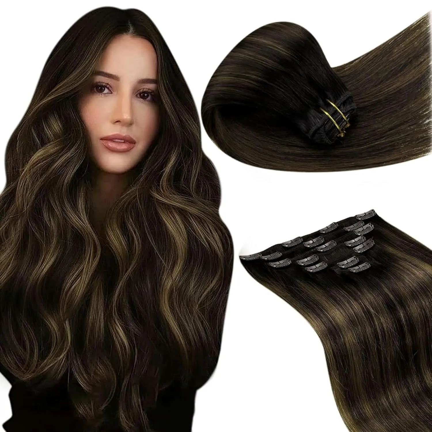 LaaVoo Clip in Extensions Echthaar Braun Doppelt Tressen Clip in Haarverlängerung Remy Echt Haare Balayage Echthaar Ext…