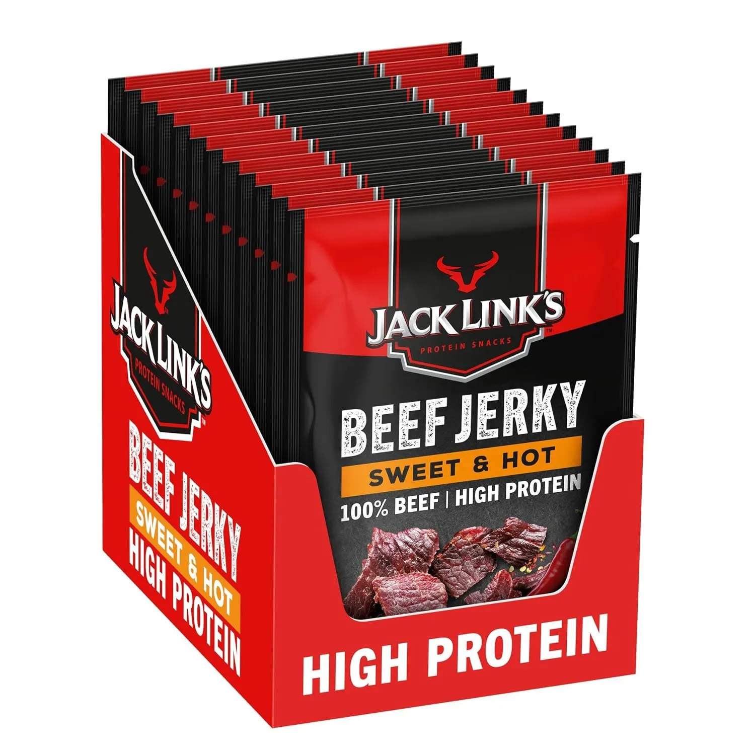 Jack Links Beef Jerky Sweet & Hot – 12er Pack (12 x 40g) – Trockenfleisch Eiweiß Snacks - High Protein Snack für Gym, F…