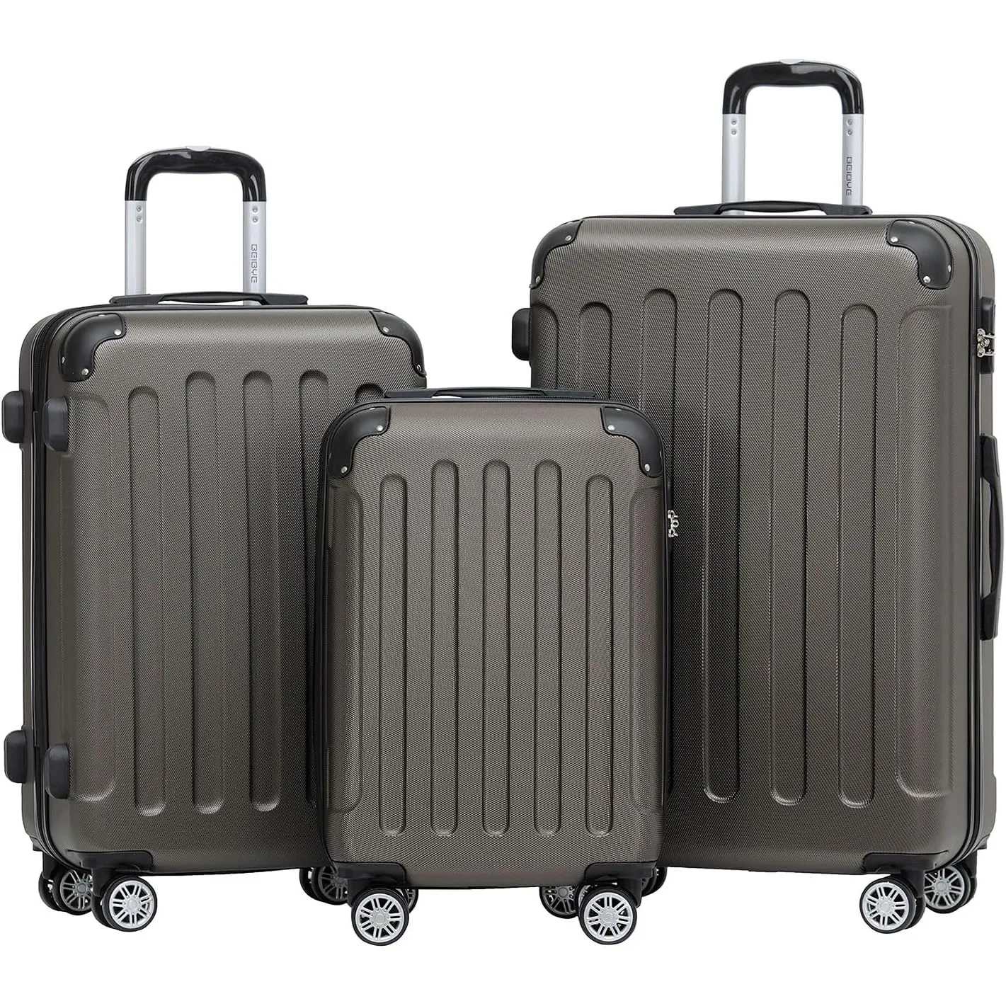 BEIBYE Kofferset 3-teilig – Kabinenkoffer, Reisekoffer und XL-Koffer aus ABS mit Doppelrollen und Zahlenschloss, Coffee
