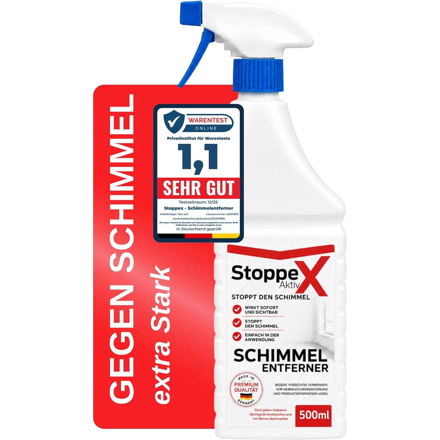 STOPPEX AKTIV Profi Schimmelentferner für Wand, Bad & Silikonfugen – Extra starkes, chlorhaltiges Anti-Schimmel Spray m…
