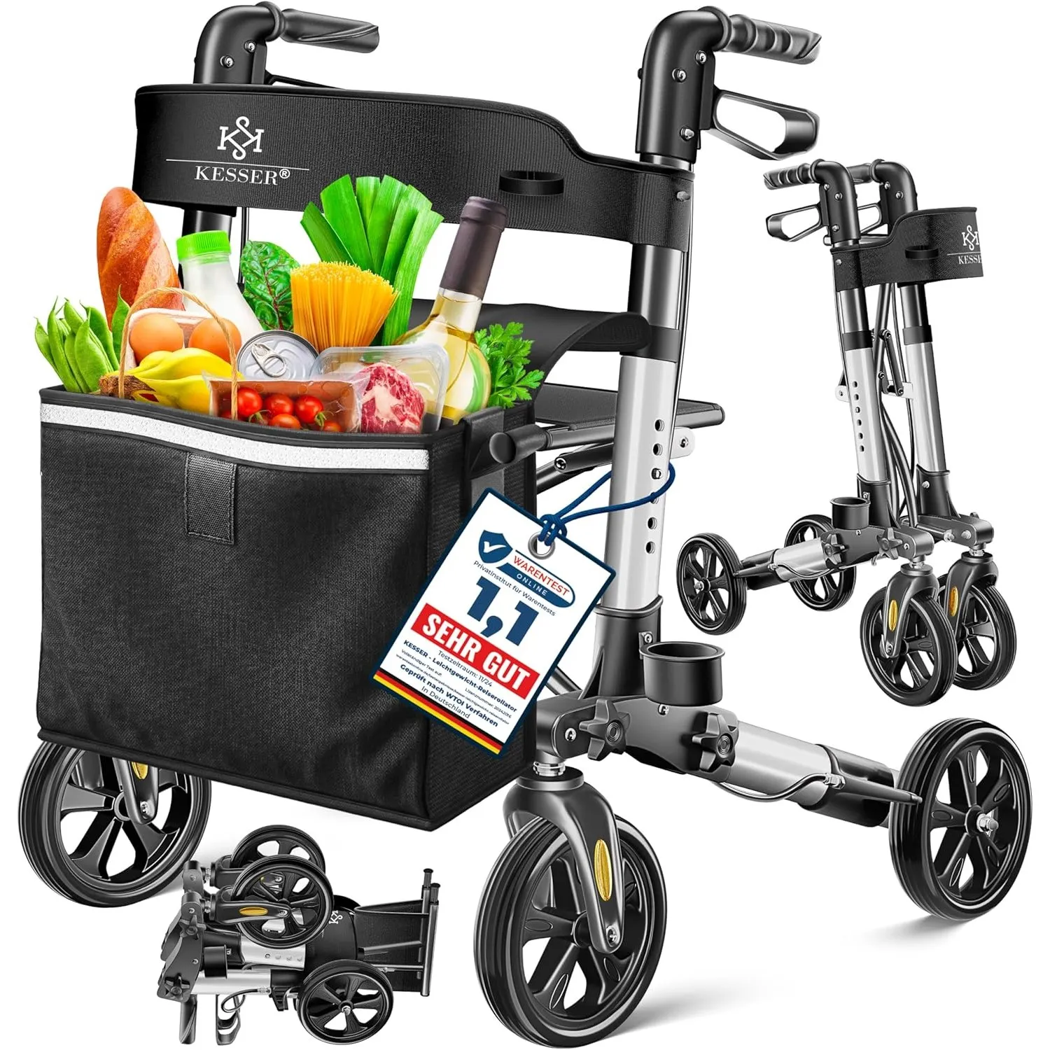 KESSER Leichtgewicht Rollator faltbar mit Sitz, Griff, Tasche, schmal für Senioren Wohnung, Klappbar, Höhenverstellbar,…