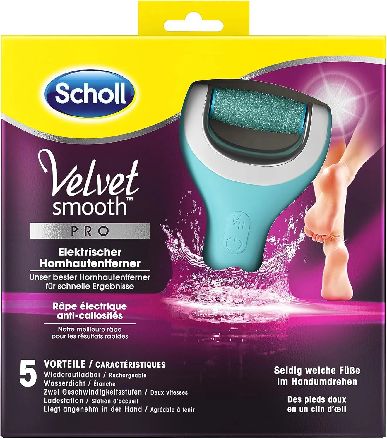 Scholl Velvet Smooth elektrischer Hornhautentferner Pro – Zur Hornhaut Entfernung auf nassen und trockenen Füßen – Wiederaufladbar – 1 Gerät + Ladestation , (1er Pack)