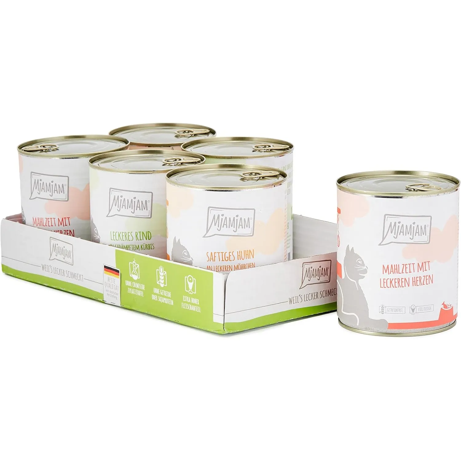 MjAMjAM - Premium Nassfutter für Katzen - Mixpaket I - Huhn, Rind, Herzen, 6er Pack (6 x 800g), getreidefrei mit extra …