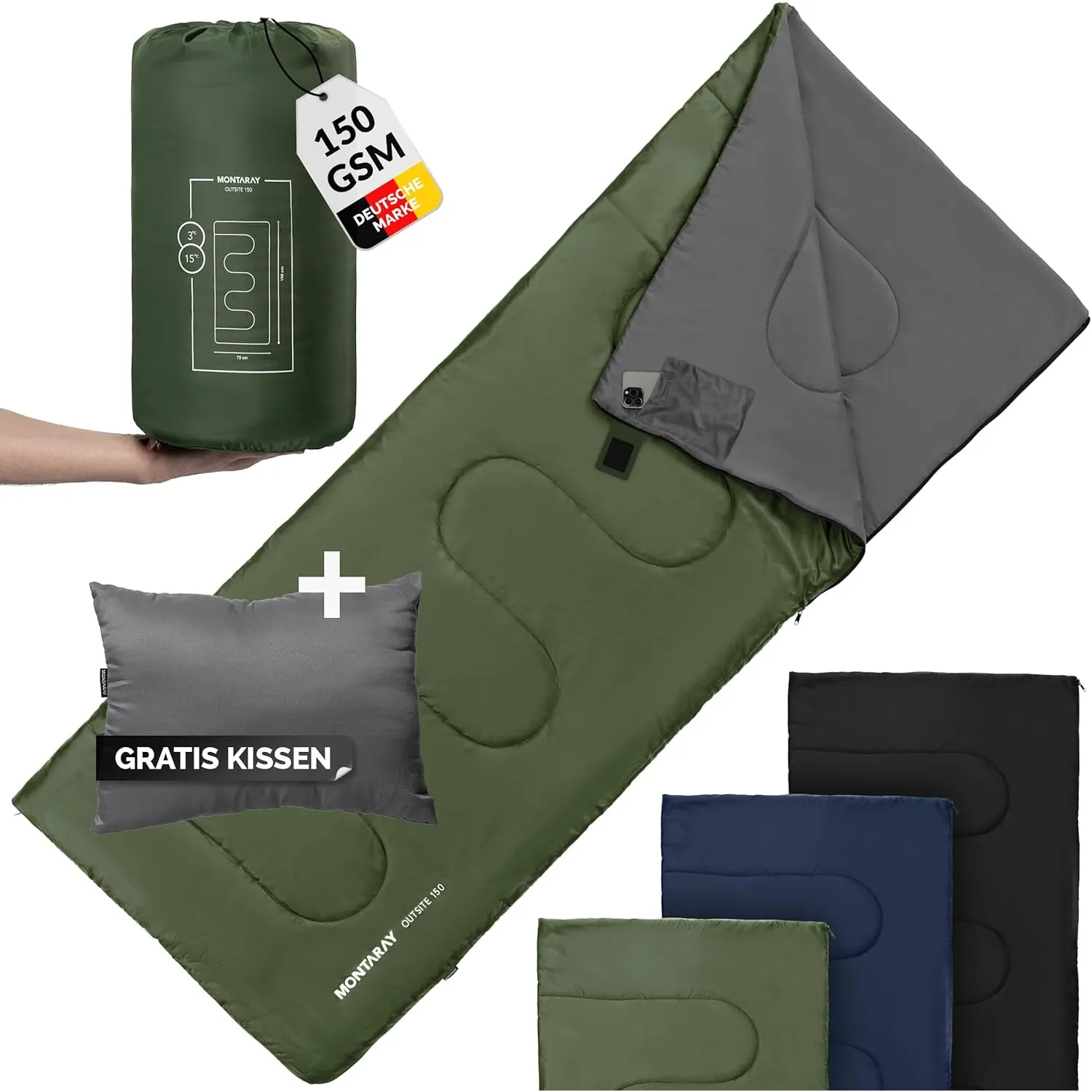 Deckenschlafsack mit Kapuze bis -3°C INKL. Kissen - Outdoor Winter-Schlafsack & Sommer-Schlafsack 3-4 Jahreszeiten (75 …
