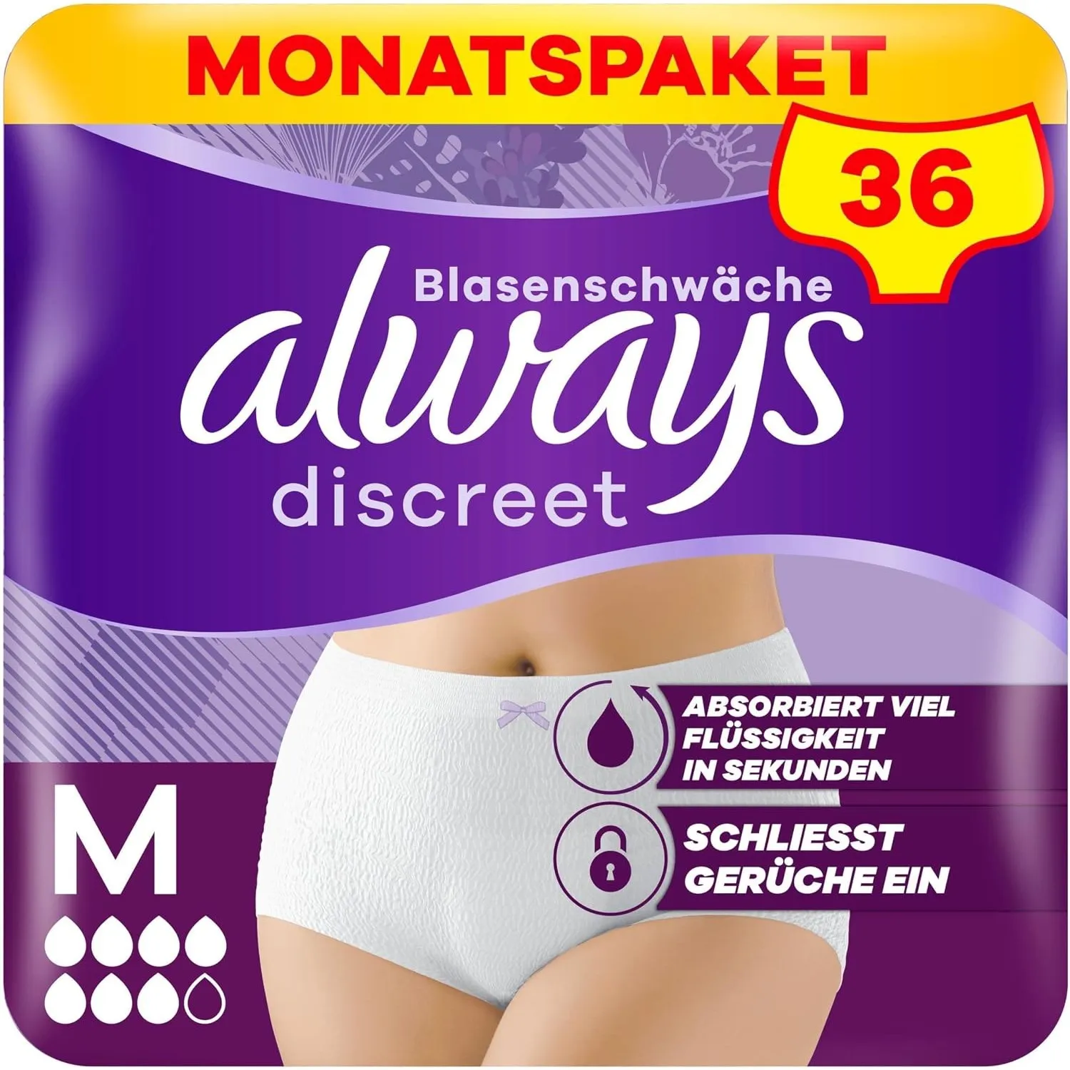 Always Discreet Inkontinenz-Höschen Plus Monatspaket bei Blasenschwäche, Größe M, 36 Höschen (4 Packungen x 9 Stück)
