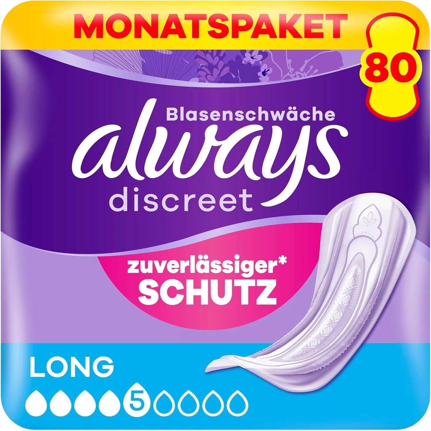 Always Discreet Inkontinenzeinlagen Long, 80 Binden (4 x 20 Stück) Monatspaket, diskreter Schutz & hohe Saugstärke, Ger…