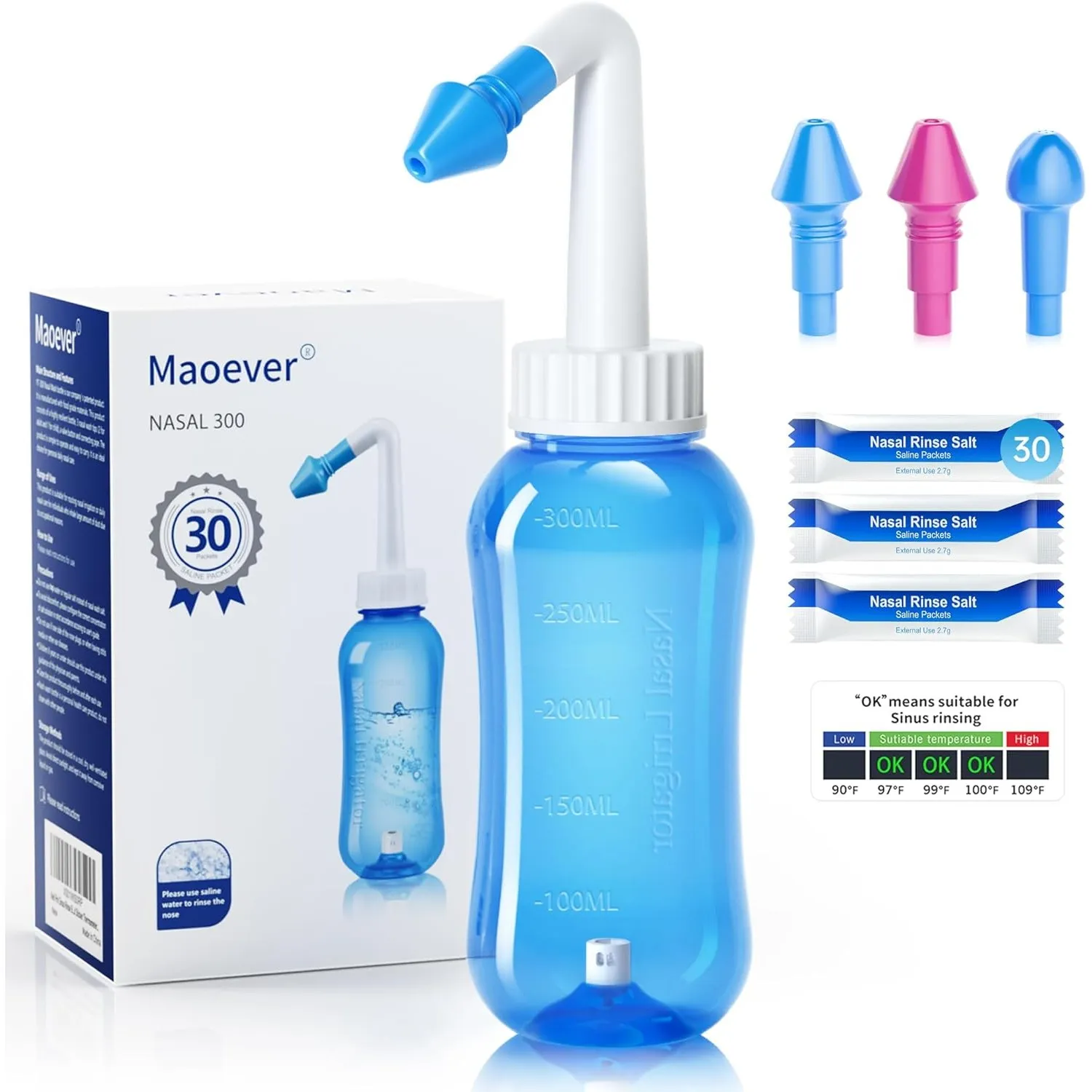Nasendusche Set, Nasenspülkanne zur Nasenreinigung und Nasenspülung，BPA-frei, 301 ml, mit 30 Nasenwasch-Salzpaketen und…