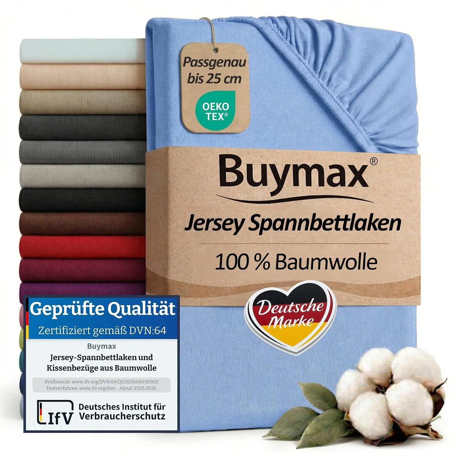 Buymax Spannbettlaken 120x200cm Baumwolle 100% Spannbetttuch Bettlaken Jersey, Matratzenhöhe bis 25 cm, Farbe Hellblau