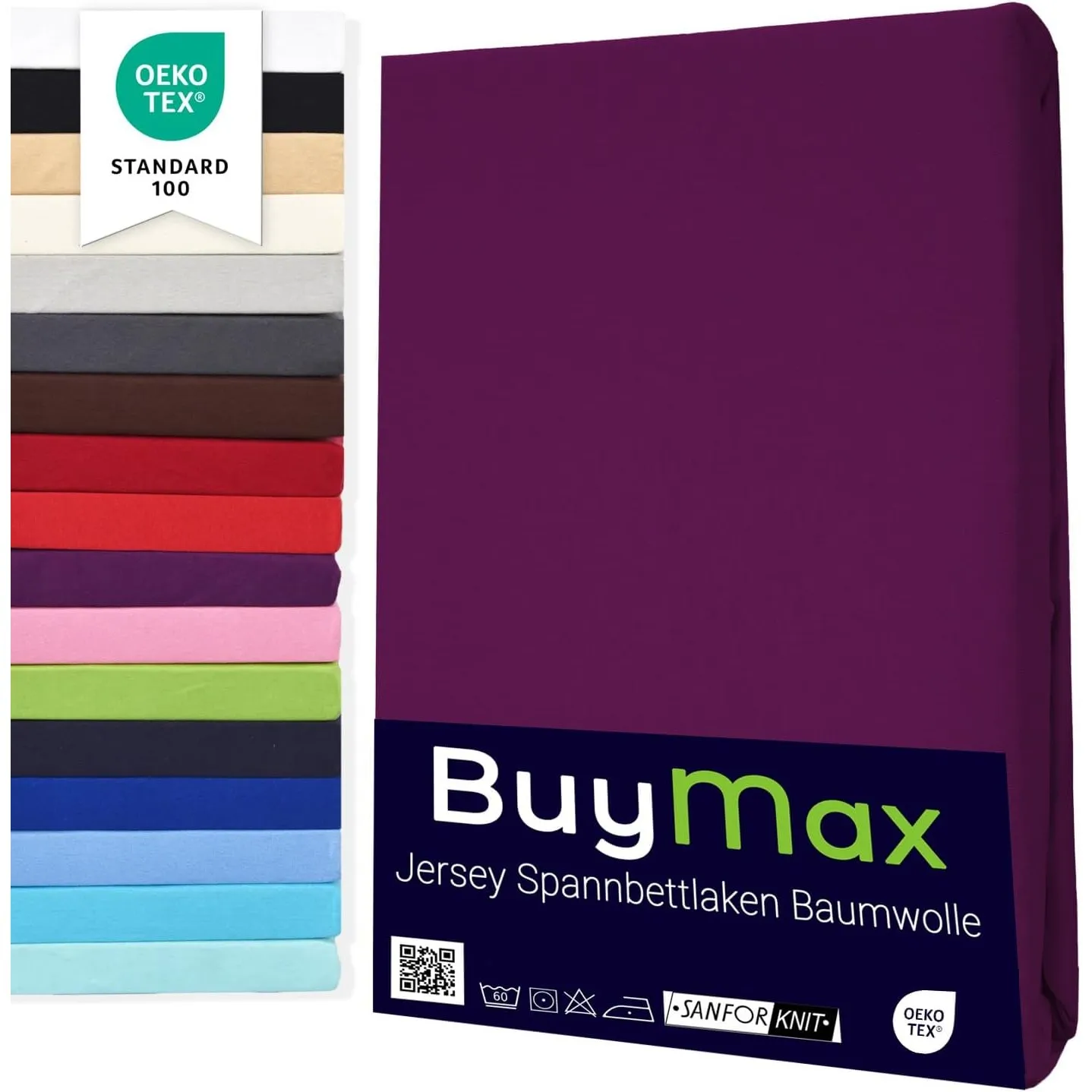 Buymax Spannbettlaken 120x200cm Baumwolle 100% Spannbetttuch Bettlaken Jersey, Matratzenhöhe bis 25 cm, Farbe Aubergine