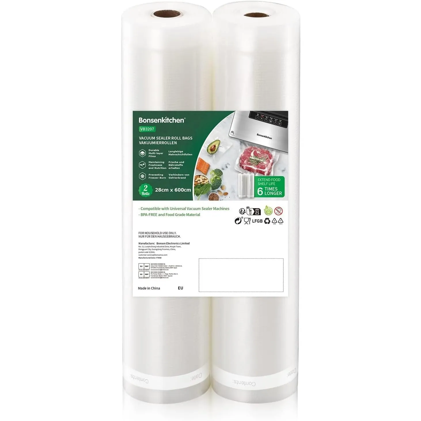 Bonsenkitchen Vakuumrollen 2 Rollen 28x600cm Vakuumierfolie | Profi Vakuumbeutel für Vakuumierer & Lebensmittel Vakuumi…