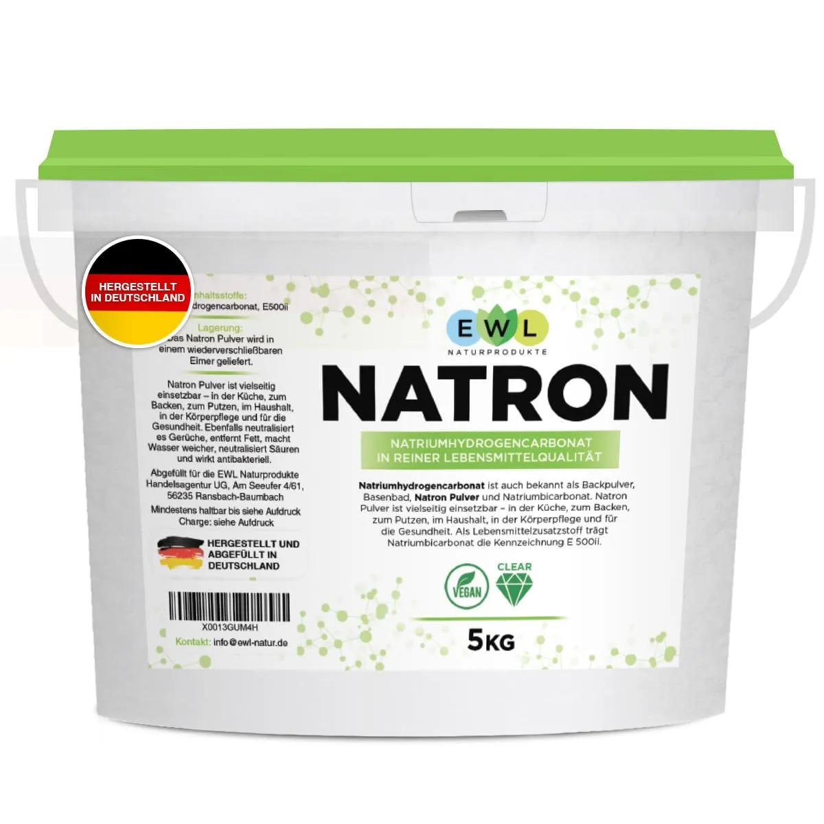 EWL Natron Pulver 5kg | Baking Soda | Lebensmittelqualität | Eimer