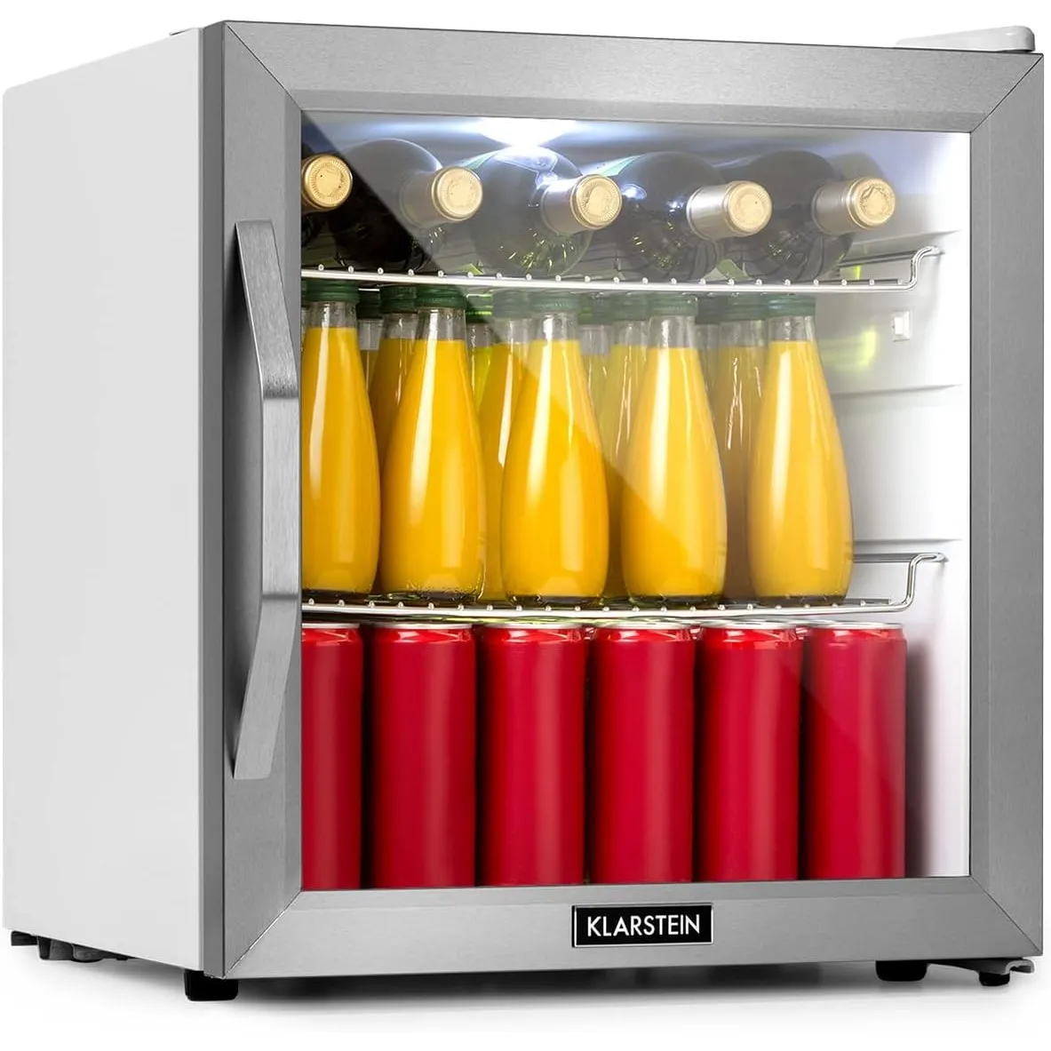 Klarstein Beersafe Getränkekühlschrank 47 L – Mini Kühlschrank mit Glastür, Silber-Weiß | LED-Beleuchtung, herausnehmba…