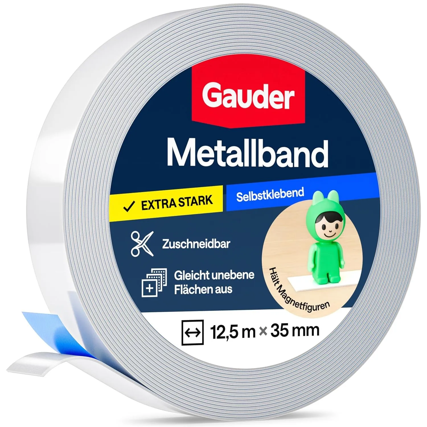 GAUDER Metallband selbstklebend für Magnete (12,5 m x 35 mm)