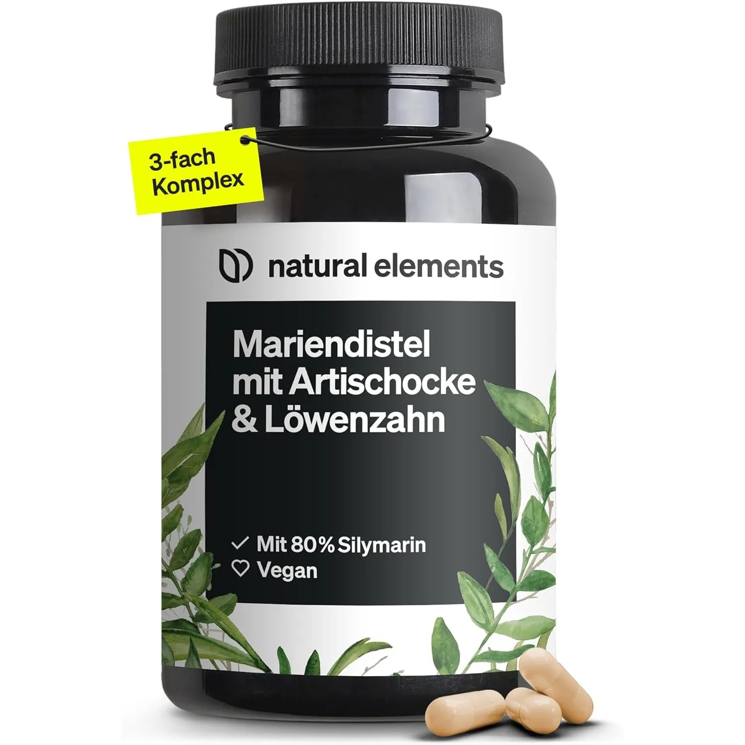 natural elements Mariendistel Artischocke Löwenzahn Komplex - 120 Kapseln - Hochdosiert mit 80% Silymarin - Ohne Magnes…
