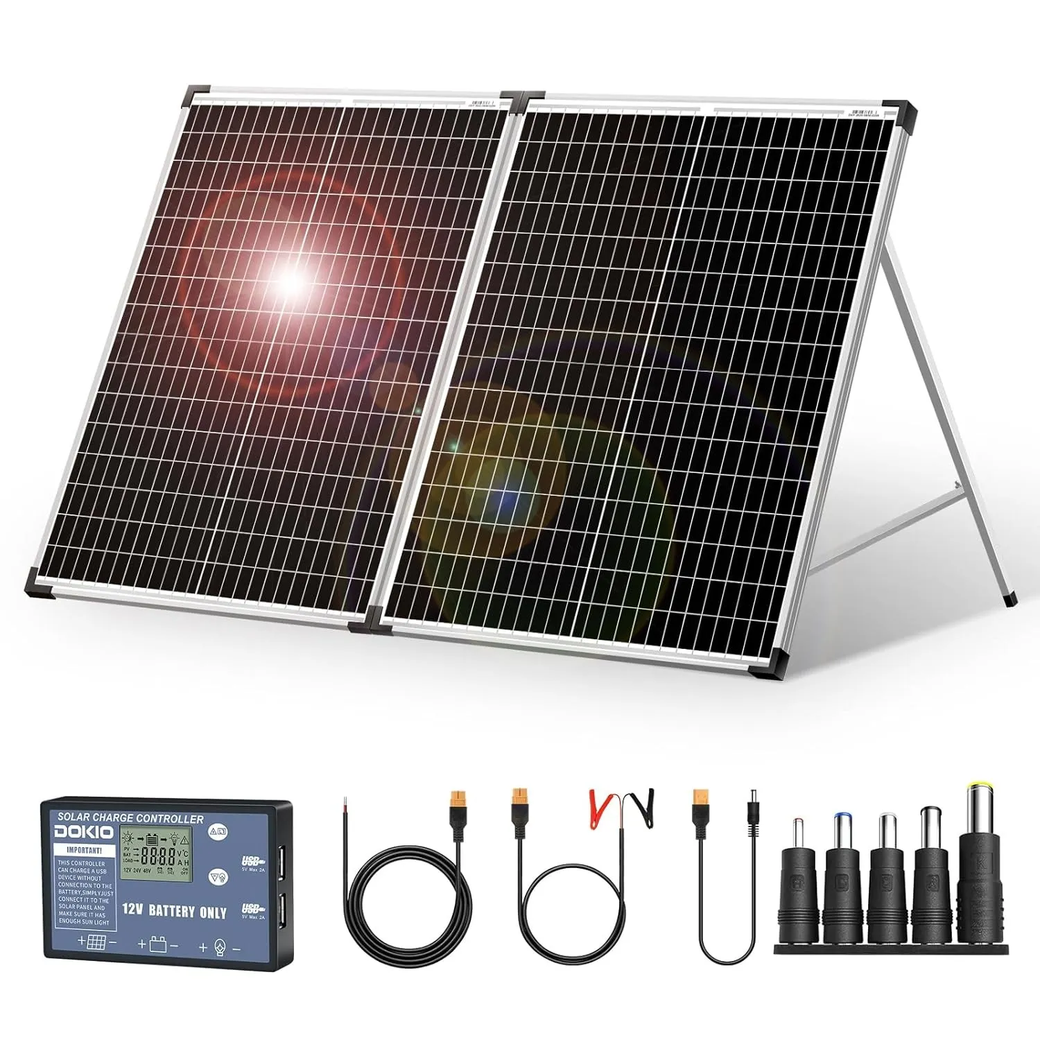 DOKIO Solarkoffer 100W 18V mit Solar-Laderegler (2 USB-Ports) Für 12V Batterie Inklusive Transporttasche