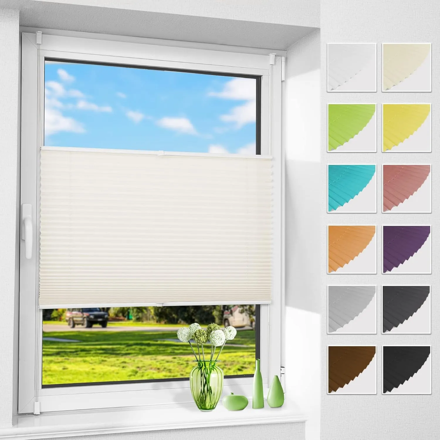 Allesin No-Drill Pleated Blind with Klemmfix, Beige 75 x 100 cm (W x H), Folding Roller Blind with Clamping Brackets, V…
