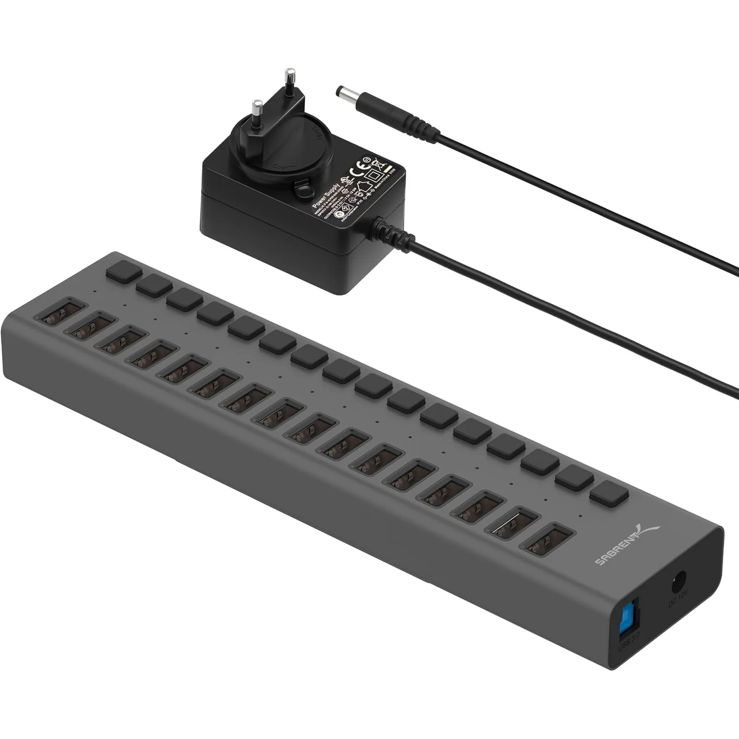 SABRENT 16-Port USB Hub Aktiv mit Netzteil – 90W USB Ladegerät Mehrfach mit Schaltern, Mount Bracket – 2-in-1 USB Lades…