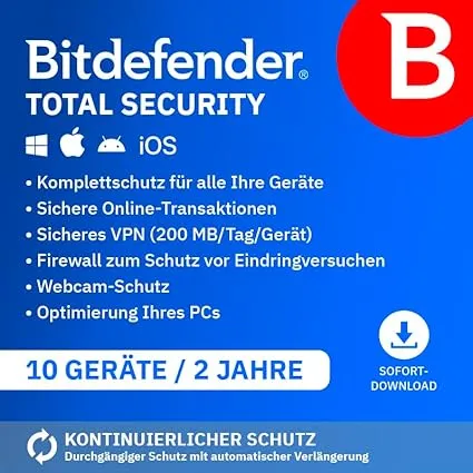 Bitdefender Total Security| 10 Geräte | 2 Jahre | PC/Mac/iOS/Android | Code zur Aktivierung per E-Mail | Automatische V…
