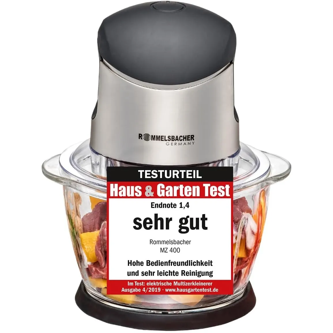 ROMMELSBACHER Multi Zerkleinerer MZ 400 – kraftvoller Motor, 4-flügeliges Spezialmesser aus Edelstahl, 1 Liter Glasbehä…