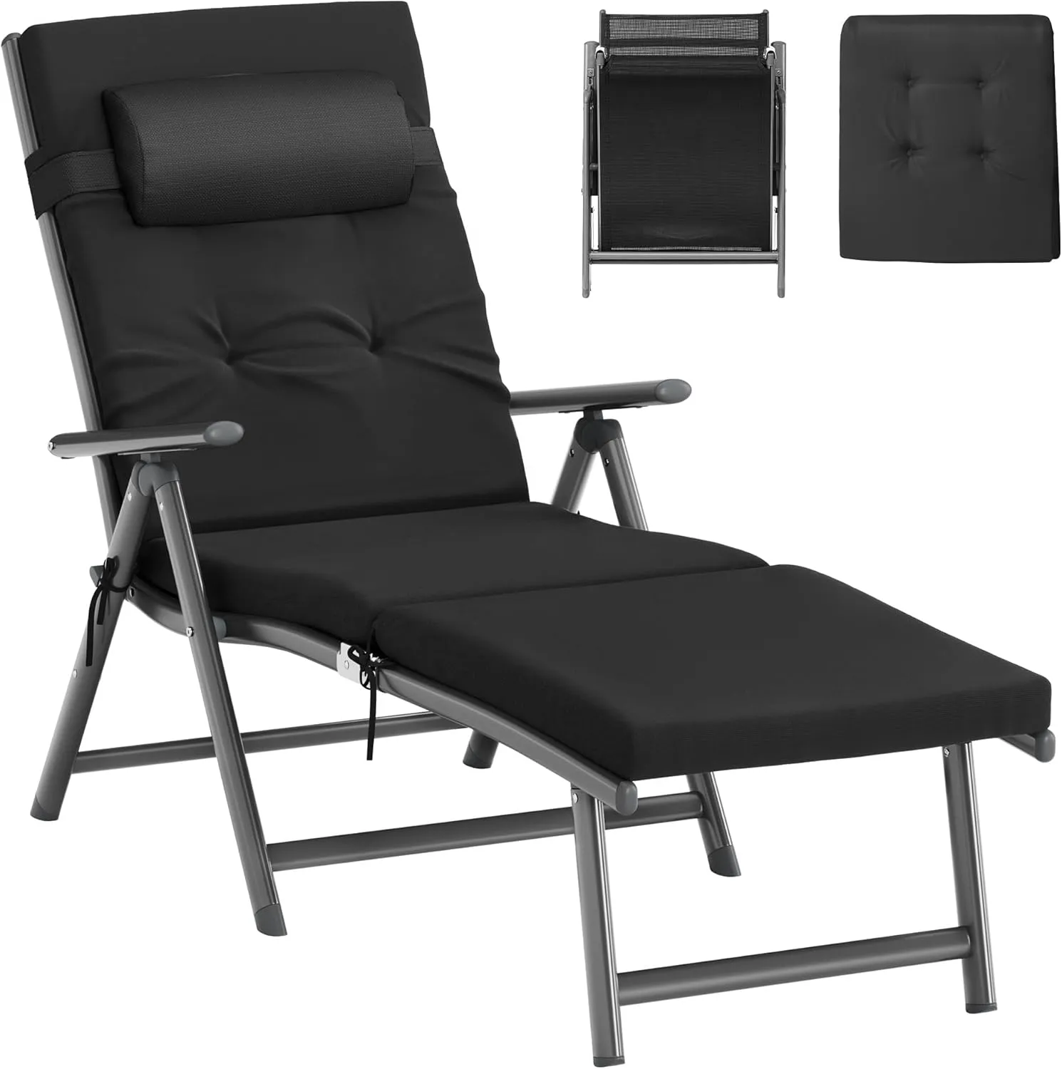 SONGMICS Sun Lounger, foldable, deck chair with 6 cm thick mattress, removable pillow, made of rustproof aluminium, bre…
