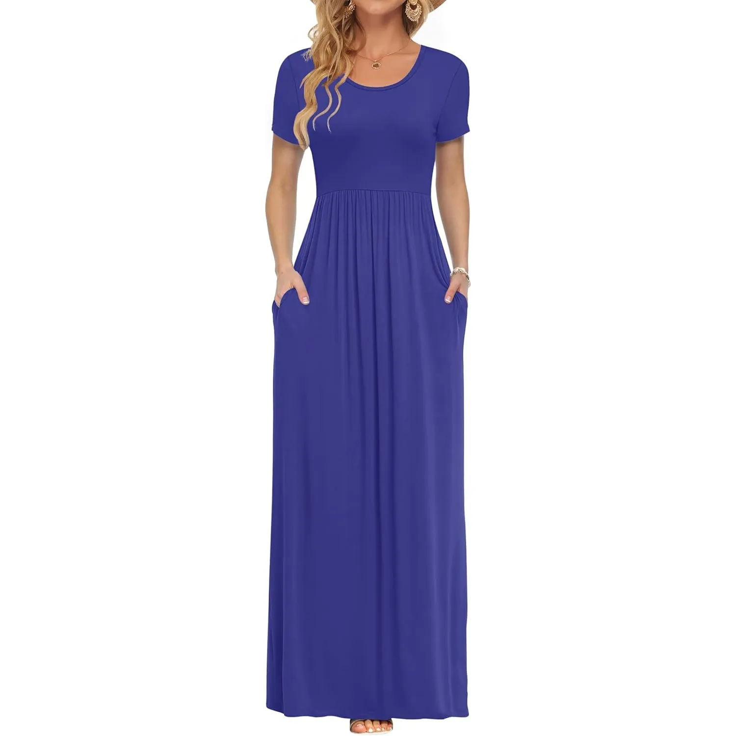 AUSELILY Damen Kurzarm Sommer Casual Long Maxi Kleider mit Taschen