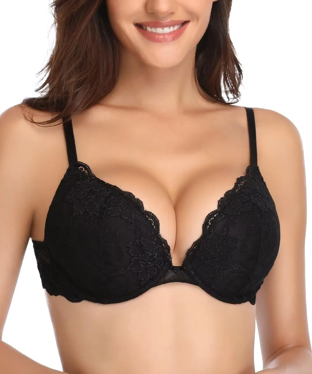 Deyllo Women’s Push-Up Bra, with Lace, Comfortable Padded Underwired Bra, Lifts and Enhances by One Cup Size