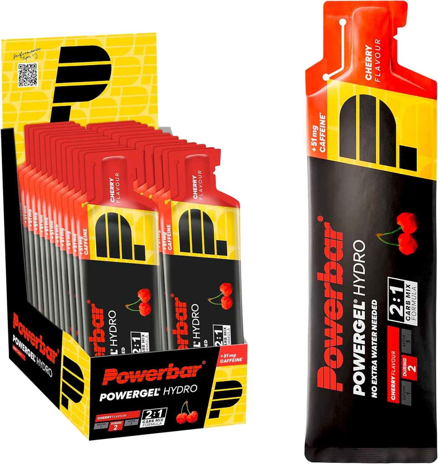 Powerbar - PowerGel Hydro - Cherry - 24x67ml - High Carb Energie Gel - Natrium - 51mg Koffein