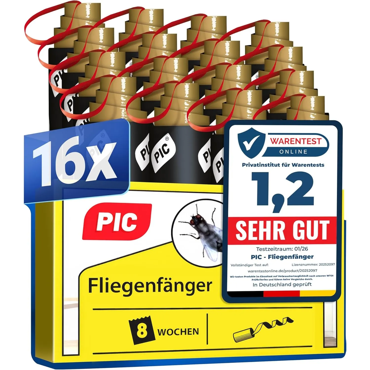 PIC Fliegenfalle Innenbereich 16 Stück, Fliegenfänger Klebeband Giftfrei | Ohne Chemie, bis zu 8 Wochen wirksam, spiral…