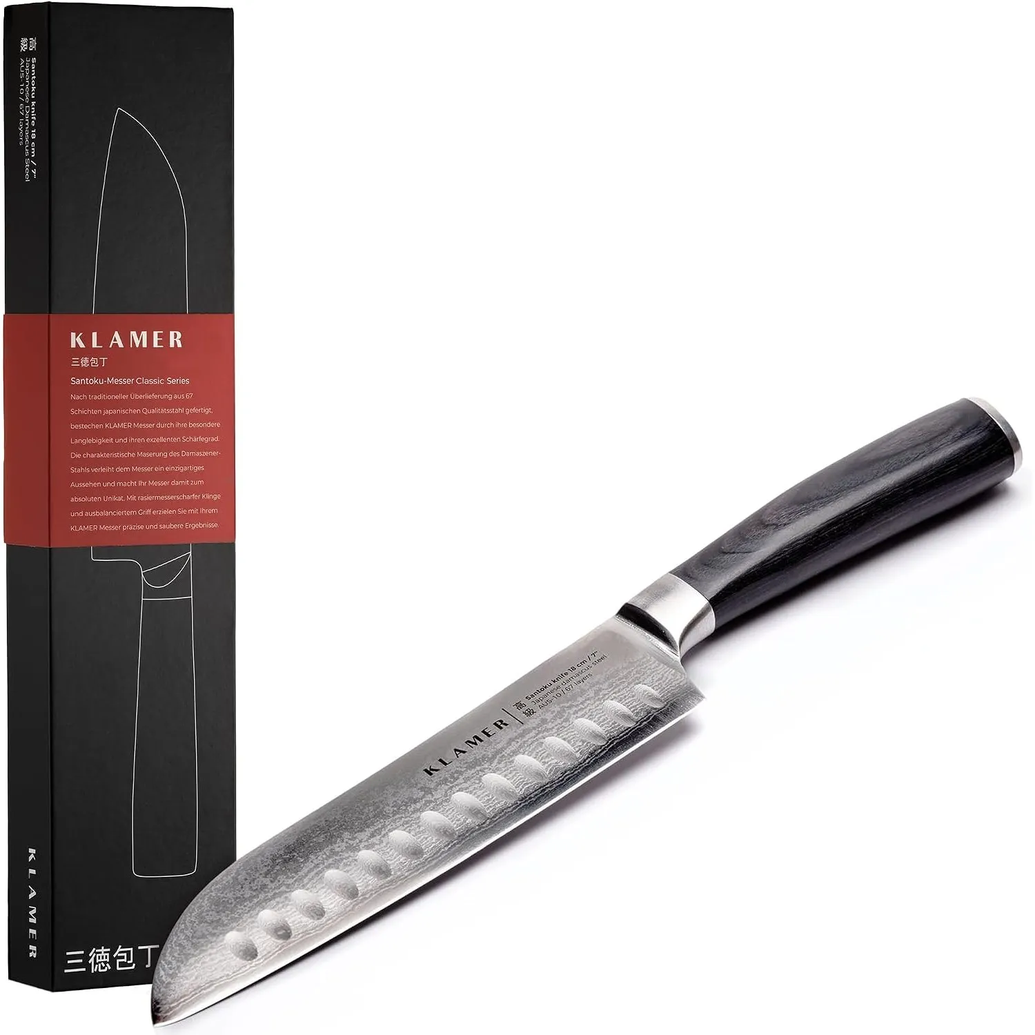 KLAMER Santoku Damastmesser 18 cm – ultrascharf mit 13 Grad Schnittwinkel