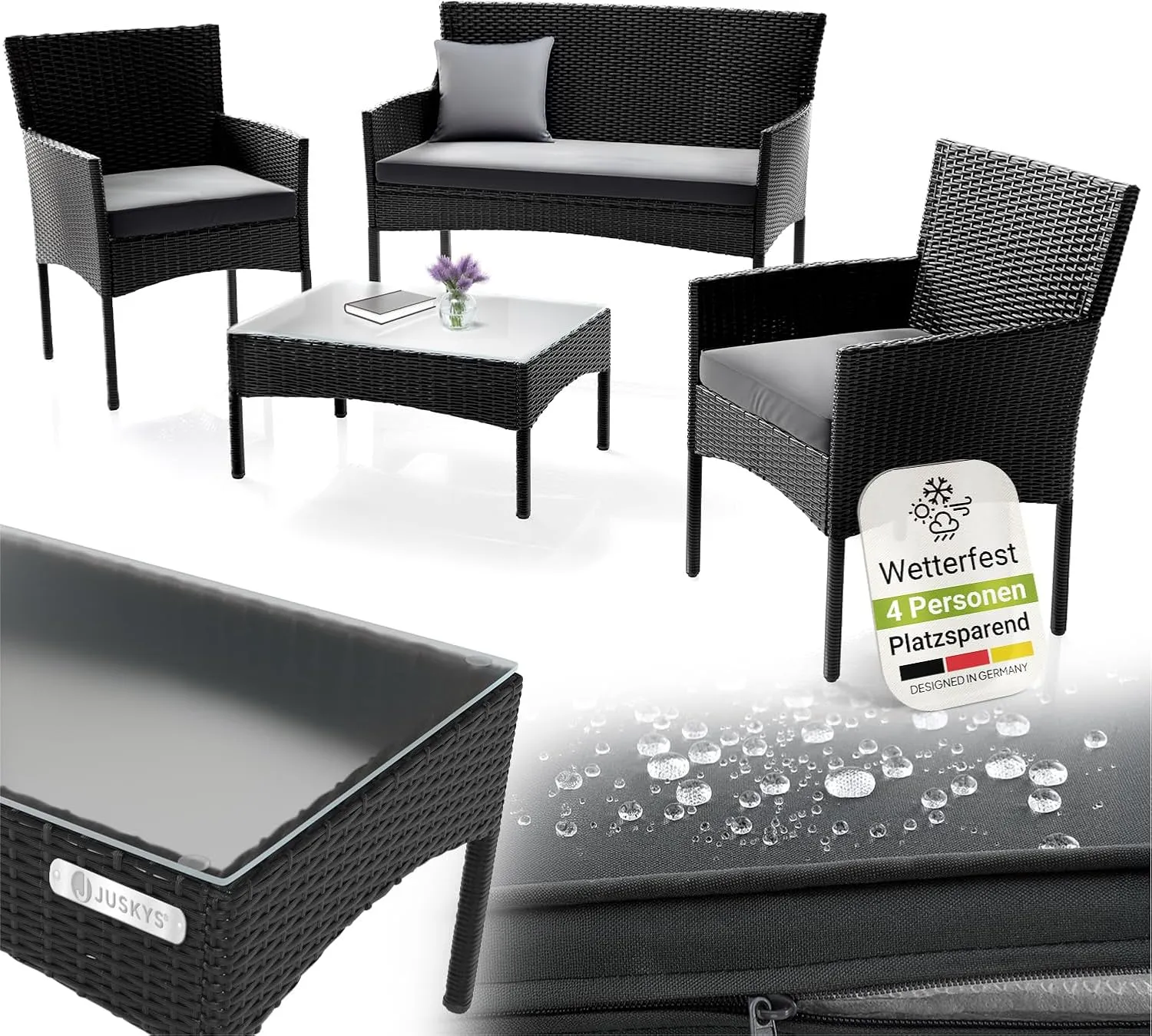 Juskys Polyrattan Sitzgruppe Fort Myers 4 Personen mit 2er Sofa, 2 Stühle, Tisch & Sitzkissen wetterfest schwarz/grau B…