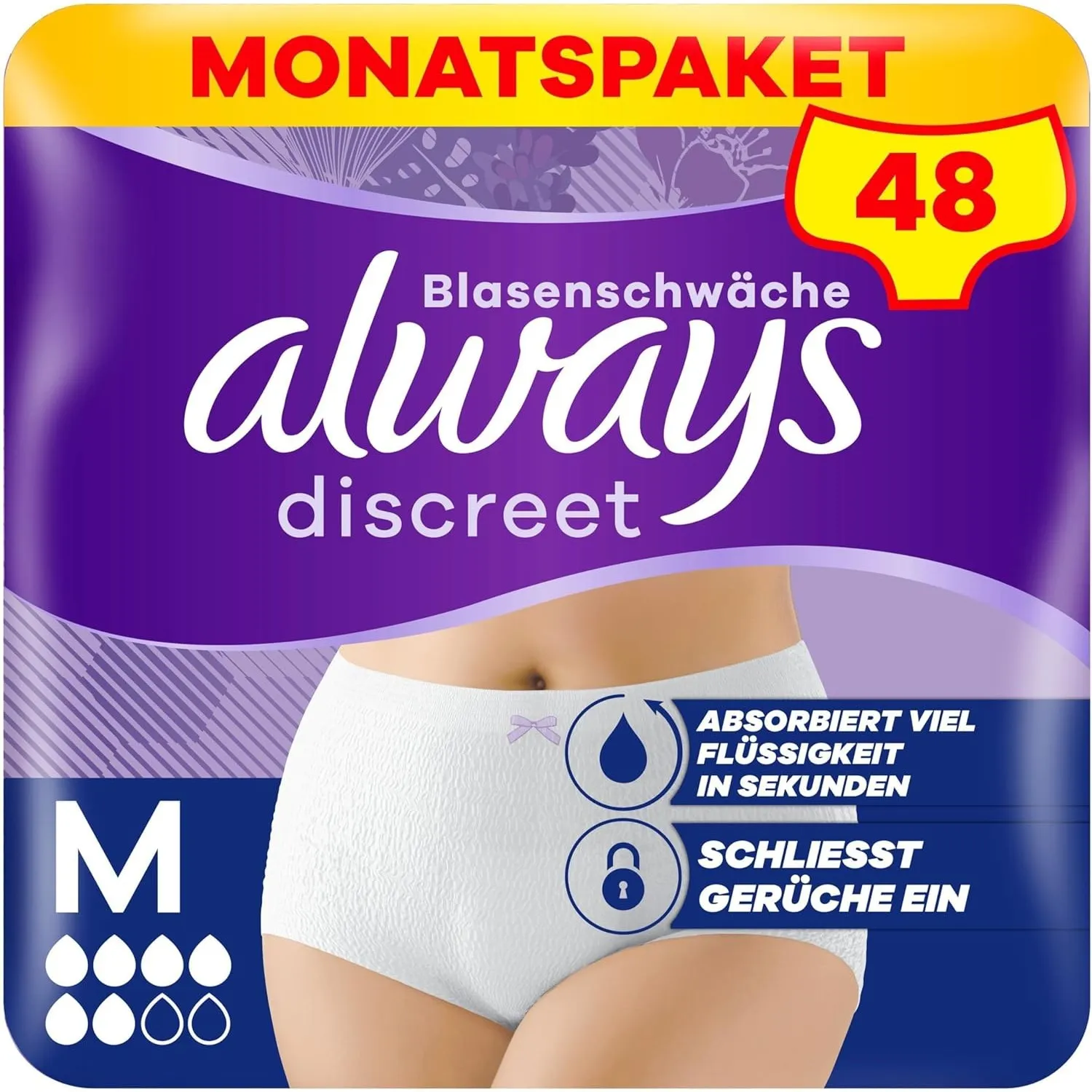 Always Discreet Inkontinenz-Höschen Normal Monatspaket bei Blasenschwäche, Größe M, 48 Höschen (4 Packungen x 12 Stück)