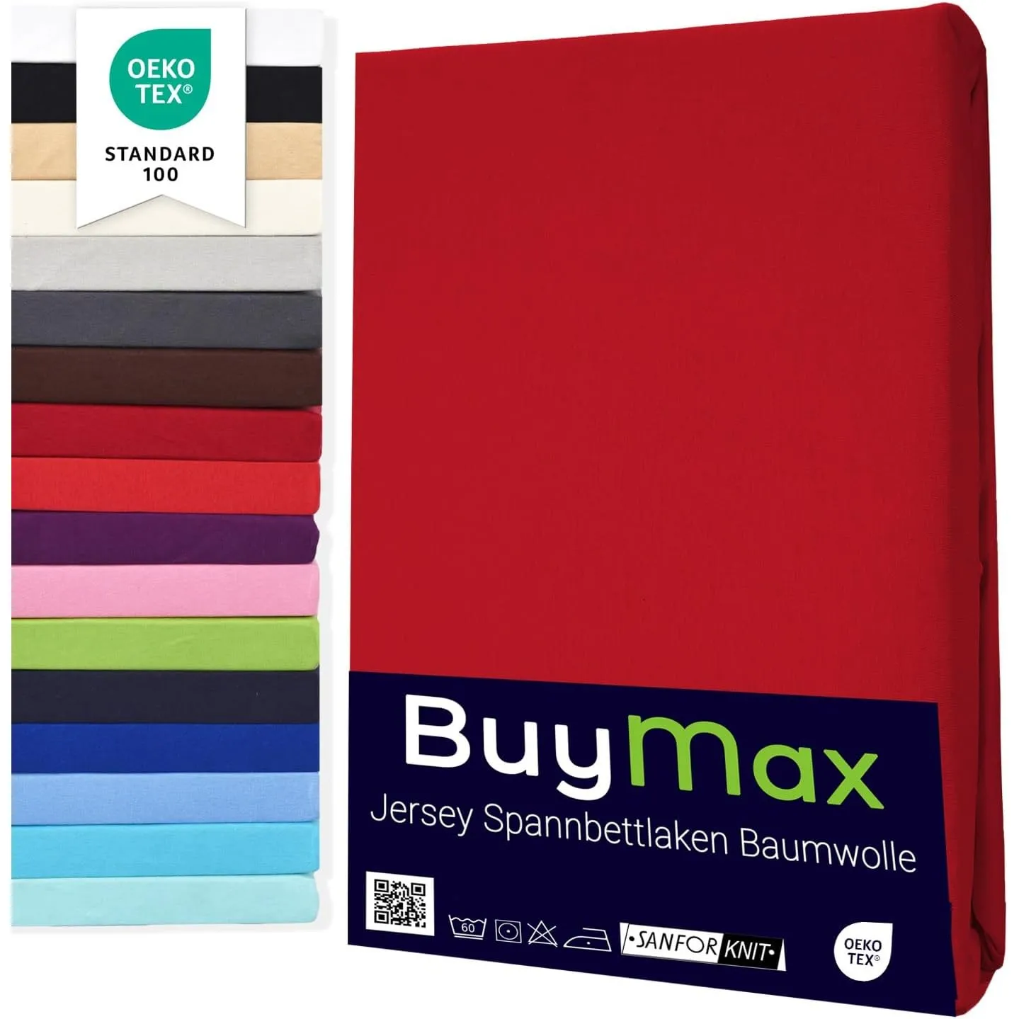 Buymax Spannbettlaken 200x200cm Baumwolle 100% Spannbetttuch Bettlaken Jersey, Matratzenhöhe bis 25 cm, Farbe Rot