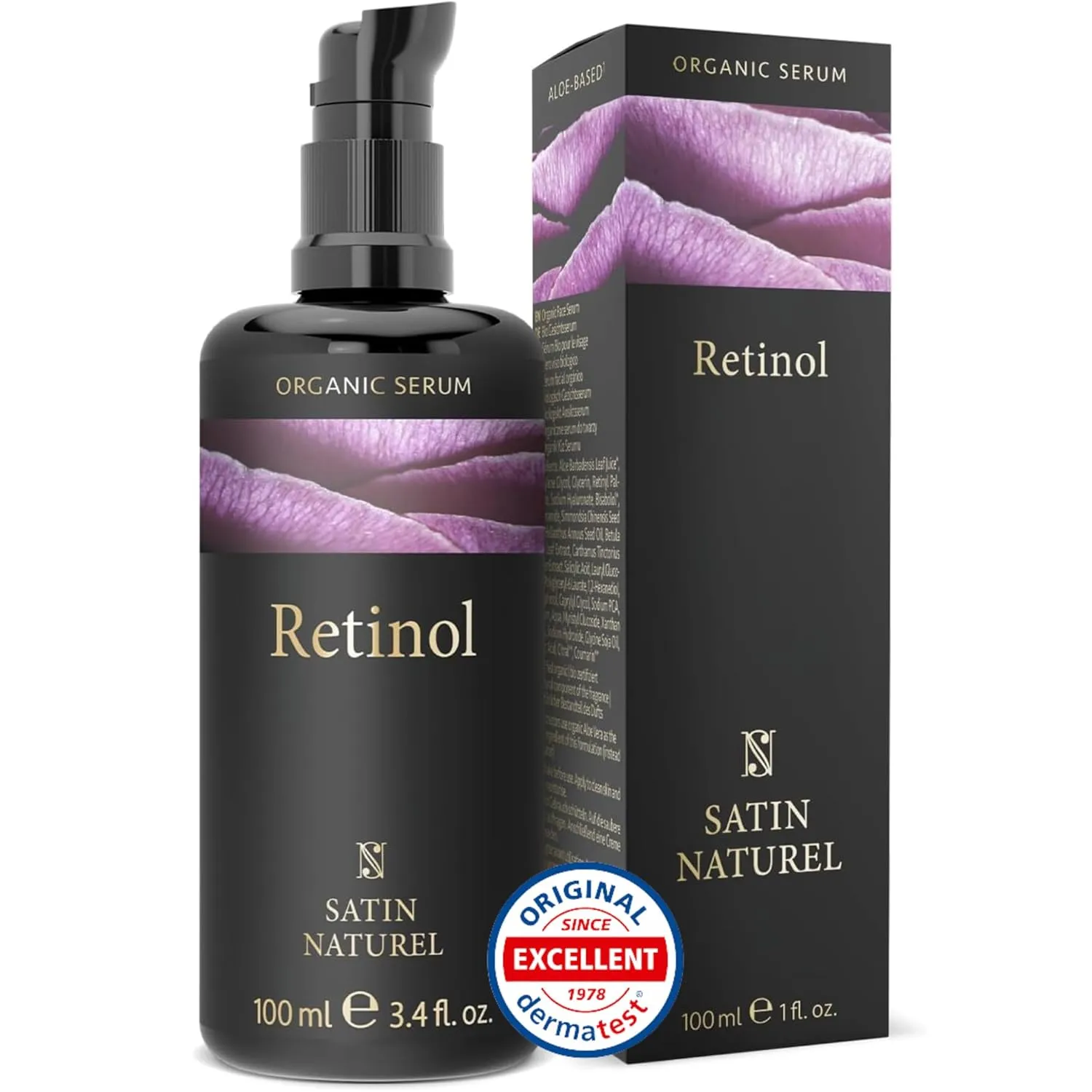 Satin Naturel Retinol Serum 100ml - Retinol hochdosiert mit Hyaluron + BIO Aloe Vera + Niacinamide + Salicylsäure (BHA) - Falten Weg Soforteffekt, strahlende Haut - Für empfindliche Haut - Vegan
