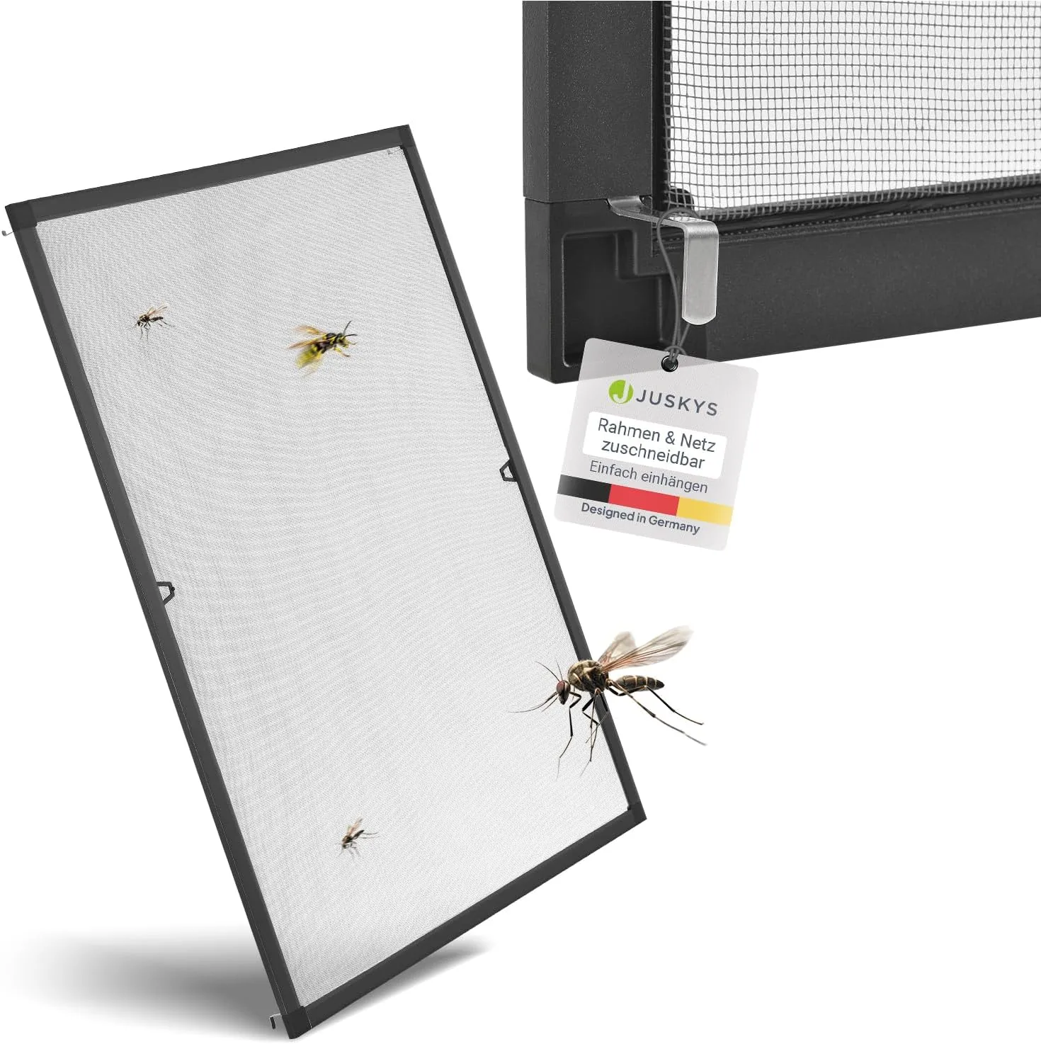 Juskys Fly Screen with Aluminium Frame (White or Anthracite) in 5 Sizes - Fly and Insect Screen for Window Hanging - fo…