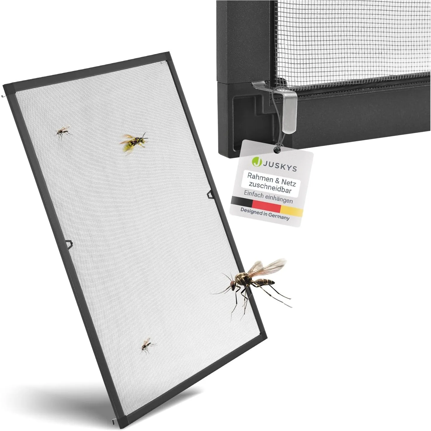 Juskys® Fliegengitter Fenster Alurahmen 110x130 cm (Grau) – Insektenschutz Spannrahmen ohne Bohren, Einhängen – Mückens…
