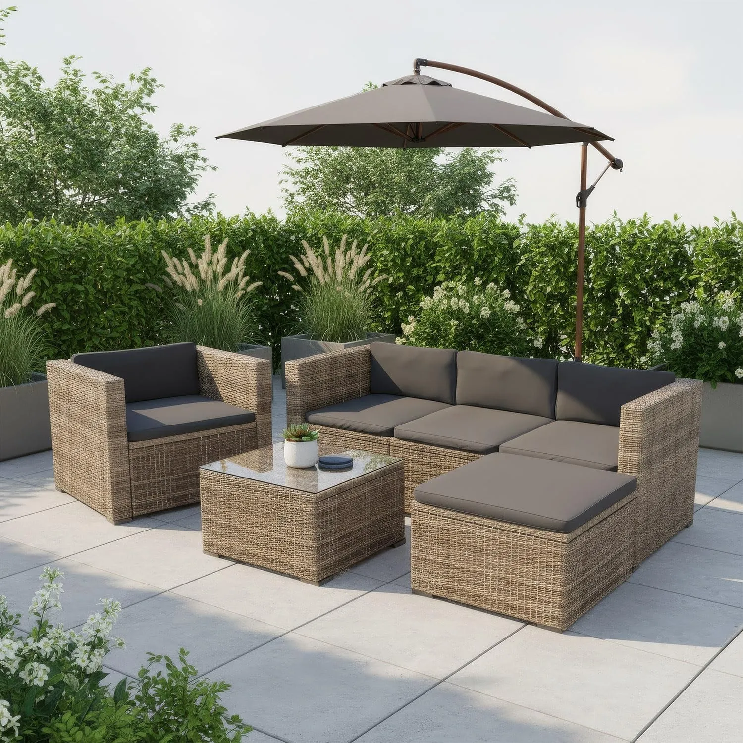 Juskys Polyrattan Lounge Punta Cana L für 4-5 Personen mit 3er Sofa, Sessel, Hocker, Tisch & Kissen, Sitzgruppe für Gar…
