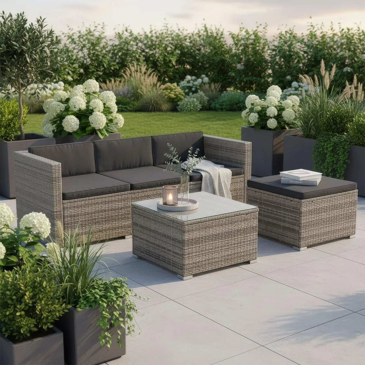 Juskys Gartenmöbel Set M – Punta Cana Polyrattan Lounge Möbel für 3–4 Personen mit Sofa, Sessel, Tisch & Kissen, wetter…