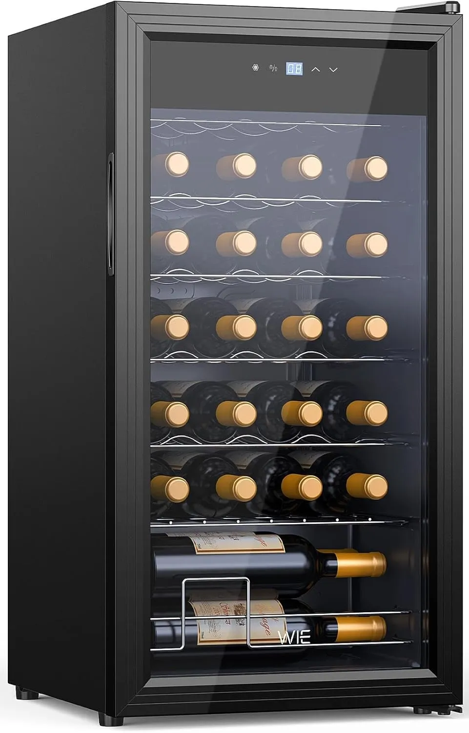 WIE Weinkühlschrank Compressor 82 Liter 28 Flaschen Getränkekühlschrank Kleiner Weinschrank Klein mit Glastür,Vollglas-Designtür mit LED Touchpanel,Anti-UV, Wine Fridge 5-18°C