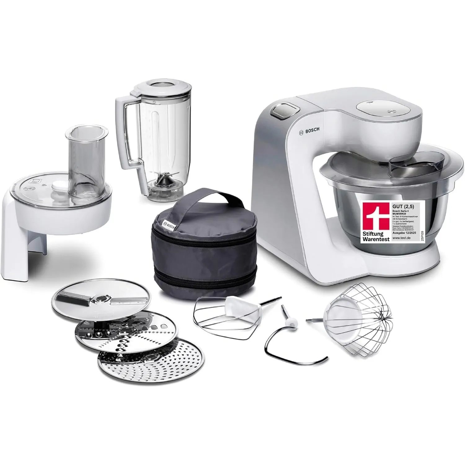 Bosch Küchenmaschine Serie 4, Edelstahl-Schüssel 3,9 L, Knethaken, Schlag- und Rührbesen Edelstahl spülmaschinenfest, M…