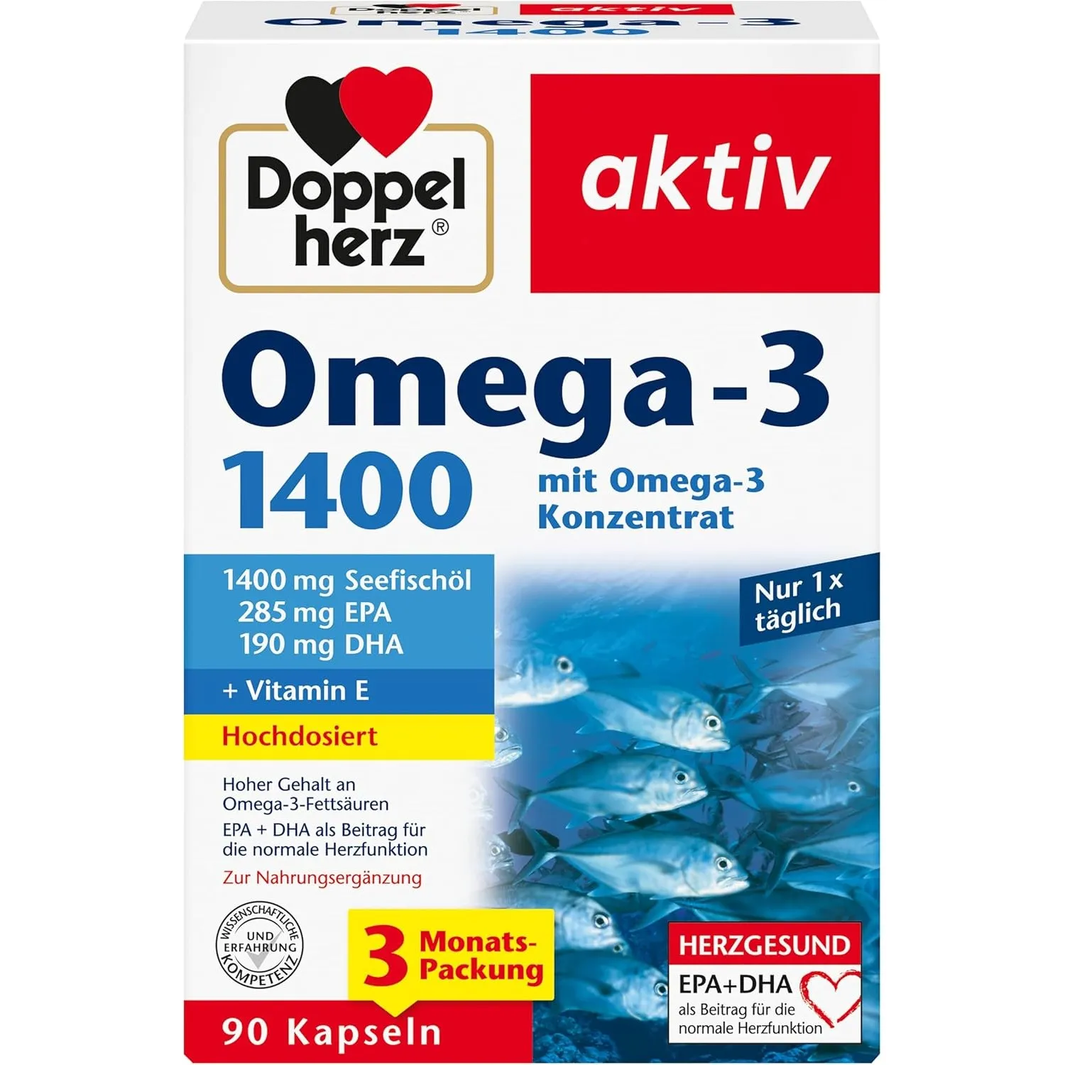 Doppelherz Omega-3 1400 | Hochdosiertes Omega-3-Konzentrat plus Vitamin E - Hoher Gehalt an Omega-3-Fettsäuren EPA & DH…