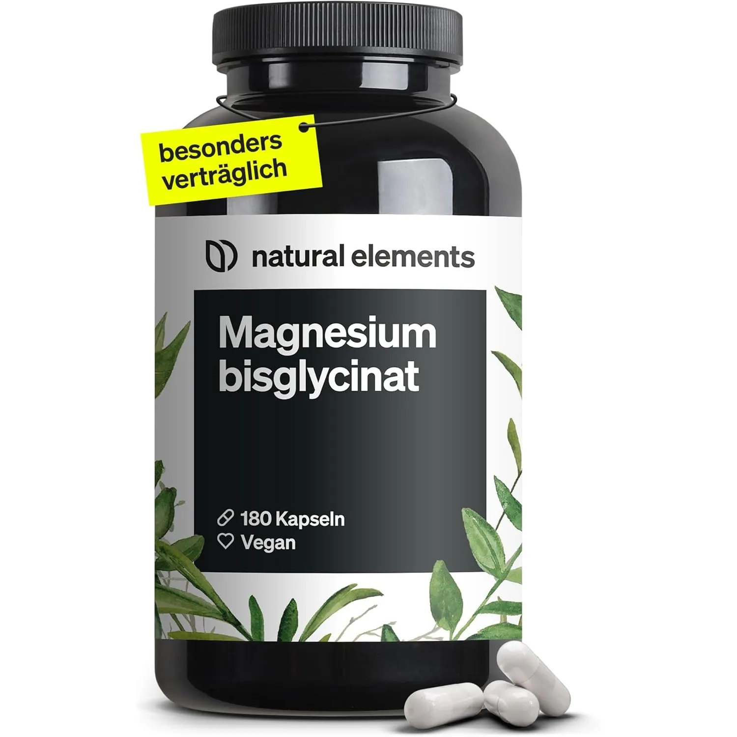 natural elements Magnesium Bisglycinat - Premium: Chelatiertes Magnesium - 180 Kapseln - 300mg elementares Magnesium pr…