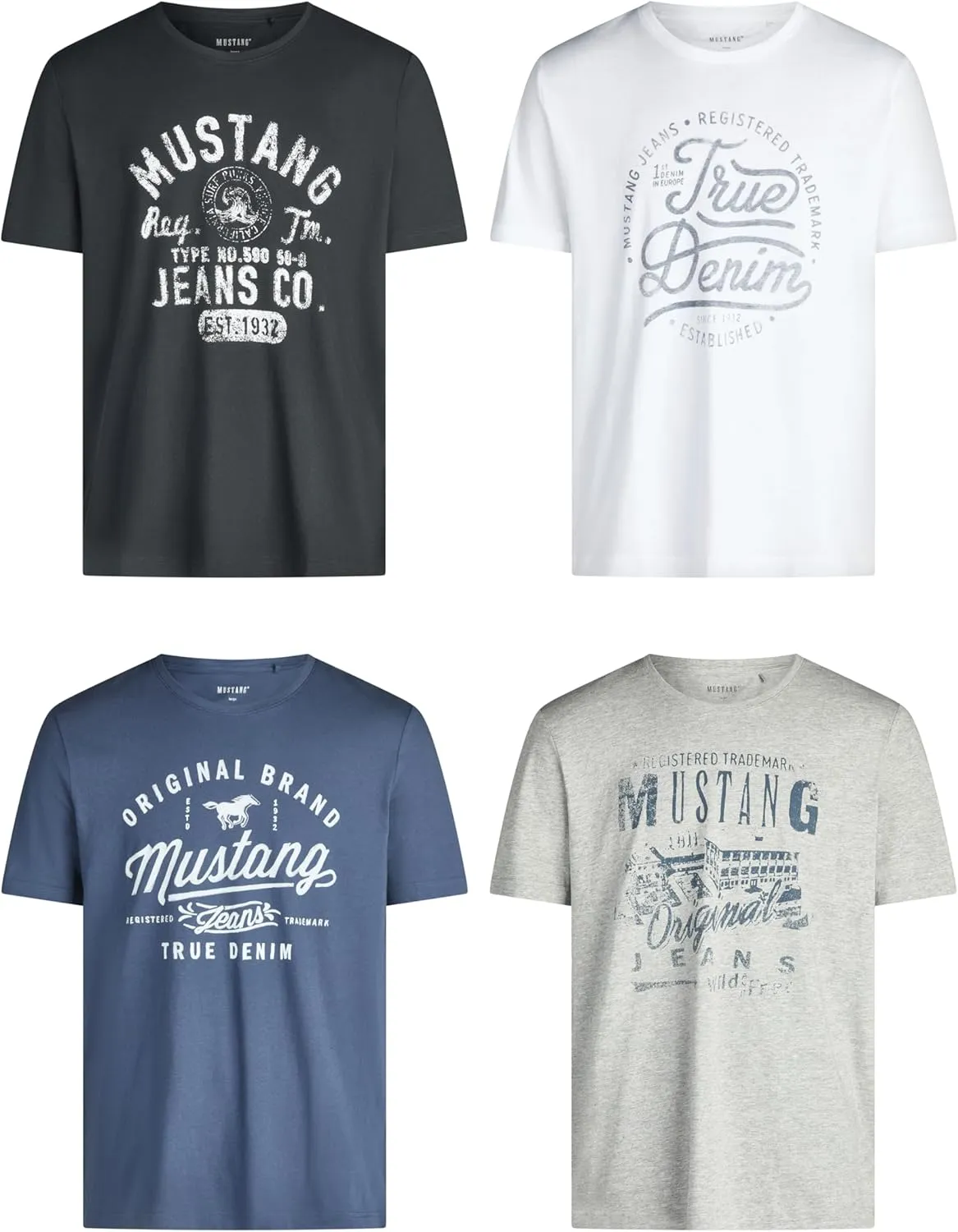 MUSTANG Tshirt Herren Baumwolle Regular Fit 4er Pack Set Rundhals Kurzarm Sommer Tee Shirt Logoprint Schwarz Weiß Grau …